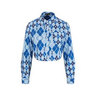 MARYLING玛俪琳初春新品蓝白格纹衬衫领圆摆短上衣A1EAW20040