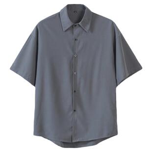 夏季冰丝短袖衬衫男青少年休闲坠感衬衣潮港风搭配直筒九分裤套装