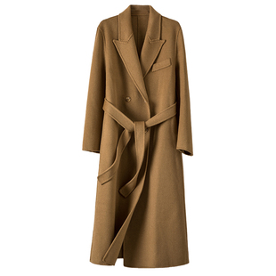 晚白2025年冬新款收腰系带高级感通勤保暖OL双面呢羊毛大衣外套女