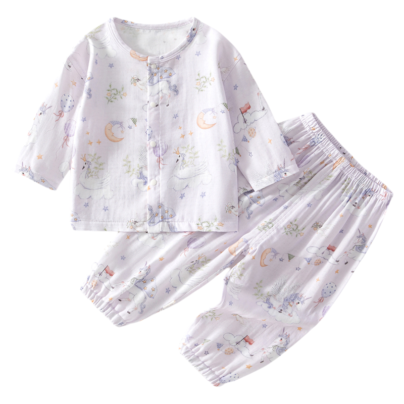 婴儿纱布套装宝宝家居服长袖竹纤维上衣裤子儿童夏季空调服男女童