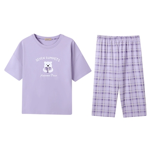 秋鹿【清仓仅剩M码】短袖纯棉睡衣套装格子七分裤家居服女夏薄款
