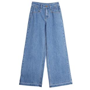 【自营】ELLE法式纯棉高腰显瘦水洗牛仔裤女2025春新款宽松阔腿裤