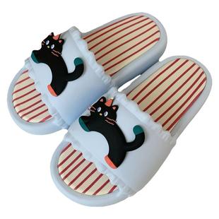 细细条 趣味黑色小猫拖鞋女夏外穿时尚防滑日系拼色休闲一字凉拖