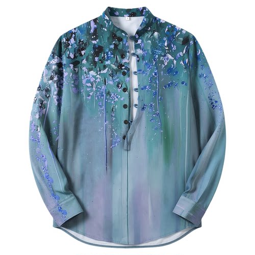 Stand up collar long sleeved printed top立领系扣长袖印花上衣