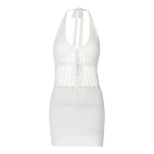 欧美ins风V领系绳挂脖针织连衣裙女高腰修身性感镂空露背一步短裙