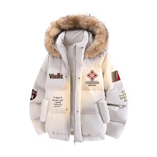 查尔斯桃心新款90鸭绒毛领连帽羽绒服男冬季字母印花加绒保暖外套