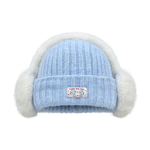 可爱小狗贴布毛绒耳机套头帽女冬季个性时尚加厚保暖针织毛线帽子