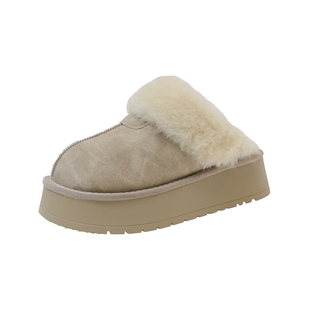 皮面防水毛毛棉拖鞋女居家秋冬季新款皮毛一体厚底增高防滑雪地靴