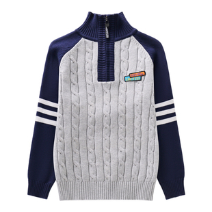 男童毛衣新款纯棉针织衫中大童男孩秋冬款加绒加厚立领拉链打底衫