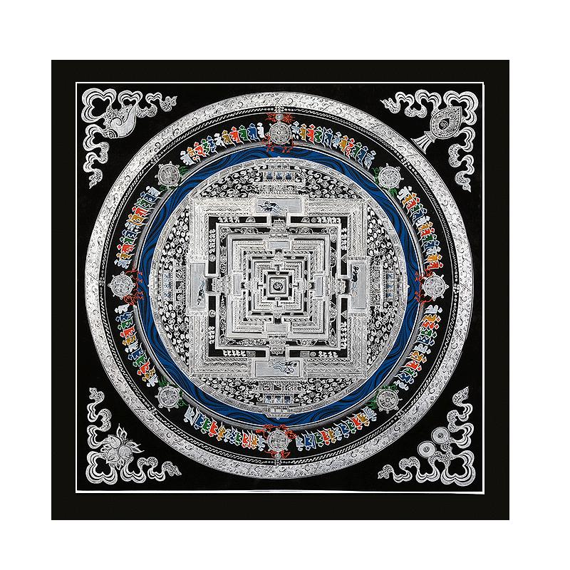 闯隆手绘唐卡黑金坛城墙壁挂画