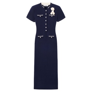 self-portrait 2026早春新款藏蓝色千金风撞色针织连衣裙长裙