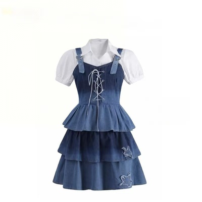 牛仔吊带上衣高腰蛋糕半身裙