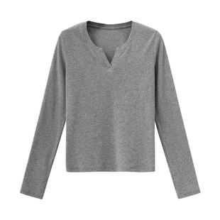 SEAWHEN海维恩v领正肩长袖t恤女春秋季纯色内搭修身设计感打底衫