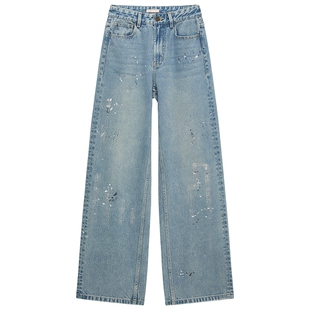 【欧时力神裤】OCHIRLY 开骨工艺纯棉阔腿直筒墨染牛仔裤26春