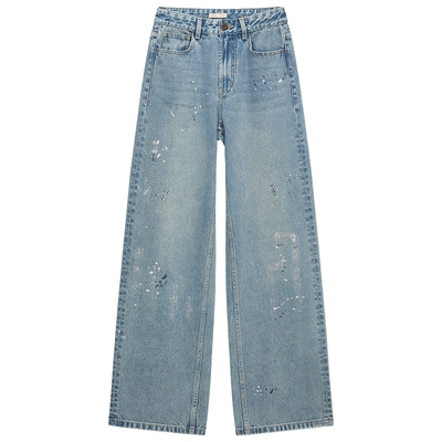 【欧时力神裤】OCHIRLY 开骨工艺纯棉阔腿直筒墨染牛仔裤26春