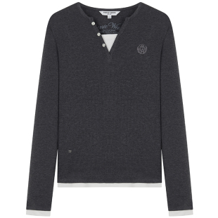 TeenieWeenie小熊女装柔软复古亨利V领T恤合身拼接长袖打底衫上衣