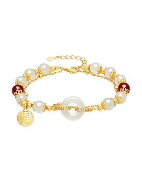 周六福和田白玉新中式手串手链S925银玛瑙手饰百搭送女友圣诞礼物