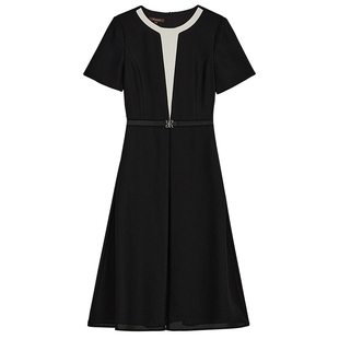 YINER音儿专选2025秋季新款法式立体感撞色圆领皱褶拼接连衣裙