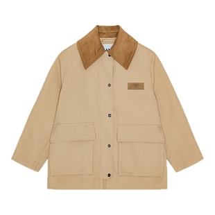 GANNI女装驼色巴恩风翻领中长工装夹克外套 W0757531