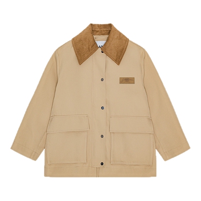 GANNI女装驼色巴恩风翻领中长工装夹克外套 W0757531