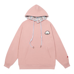 周深同款GUUKA重磅纯棉卫衣女加绒格子连帽衫宽松matsui联名小狗