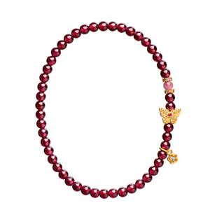 觉人原创天然酒红石榴石粉碧玺银镀金嵌钻石蝴蝶手链【蝶影醺梦】