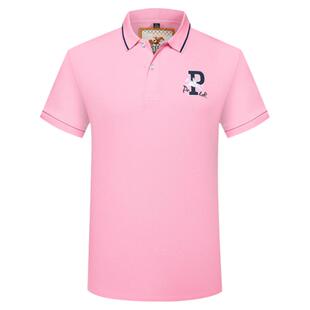 夏季男士短袖T恤翻领POLO衫浅粉色纯棉潮流高档刺绣上衣服粉红色