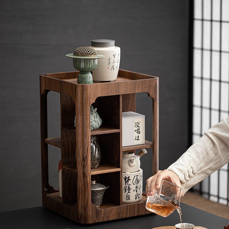 北美黑胡桃木旋转玲珑阁柜家用茶具桌面茶壶架子摆件茶茶杯收纳