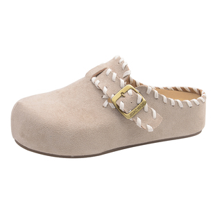 包头拖厚底增高全包勃肯鞋女一脚蹬反绒皮乐福鞋增高5cm包头拖鞋