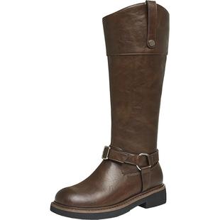 百思图冬潮酷扣带棕色骑士靴高筒显瘦百搭女长筒靴W2088DG4Z