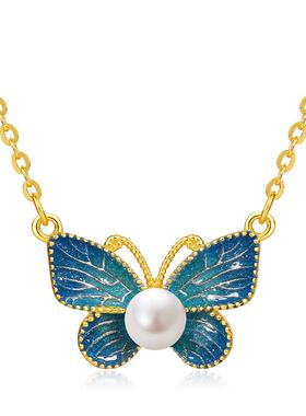 周六福蝴蝶结项链女淡水珍珠链坠S925银百搭节日礼物送女友