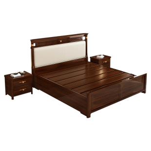 新中式乌金木床主卧高端大气实木真皮婚床2米x2米2大床新中式家具