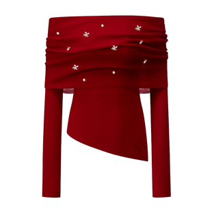 DPLAY【轻奢闪钻系列】新年红色毛衣一字肩打底衫修身针织衫上衣