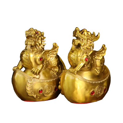 纯黄铜元宝貔貅一对摆件福财貔貅