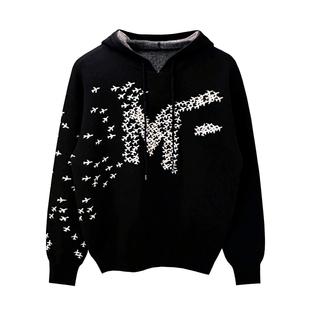 美式休闲厚实宽松上衣连帽针织衫冬季新款轻奢潮流提花加厚毛衣男