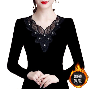 2025春季长袖T恤女士秋冬季蕾丝烫钻宽松大码女装保暖上衣打底衫