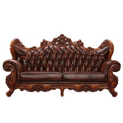欧式风组合全实木雕花真皮沙发