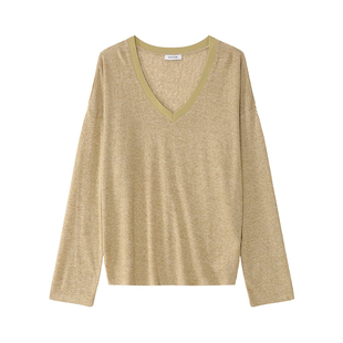 MSKIN6夏季V领长袖T恤女极简风宽松显瘦棉质上衣时髦百搭