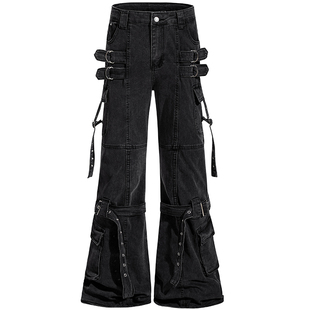 OV原创美式亚比风多口袋工装牛仔裤女街头宽松显瘦微喇叭长裤子男