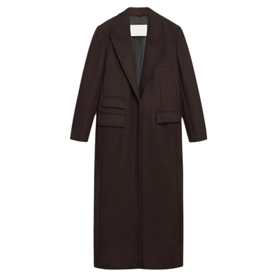 高圆圆同款咖啡色西装领毛呢大衣长款羊毛呢子西服外套牛仔裤子女