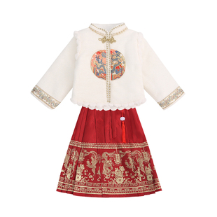 儿童冬季汉服红色喜庆新中式女童中国风马面裙新年拜年服加厚唐装