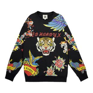 EdHardyX新款春秋烫钻印花虎头满印刺青风休闲套头圆领卫衣上衣潮