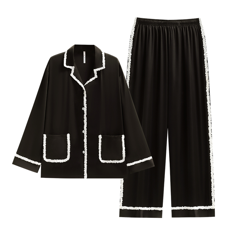 悦内睡衣女款春秋长袖冰丝薄款家居服夏季仿真丝绸黑色轻奢高级感