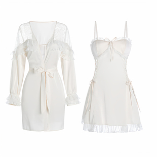 女士性感睡衣深V加胸垫诱惑透视蕾丝睡裙外袍家居套装