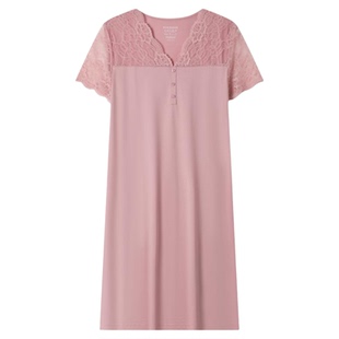 SCHIESSER舒雅26春夏新品女士棉莫代尔蕾丝V领大码连衣裙家居睡裙