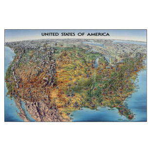 美国鸟瞰地图装饰画 USA城市公路建筑地理教育彩绘插画教室海报