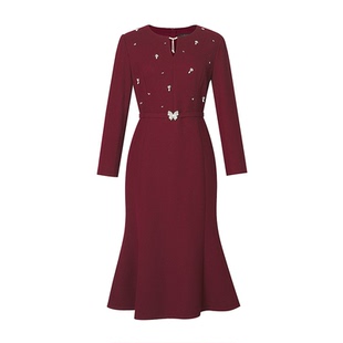 拉珂同款女裙 25秋冬季新款宴会收腰重工钉珠鱼尾连衣裙RF07014A8