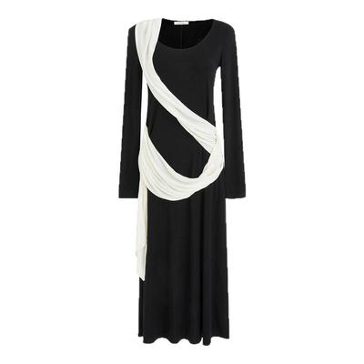 UNSPOKEN极简撞色飘带长袖连衣裙女春2026新款修身显瘦设计感长裙