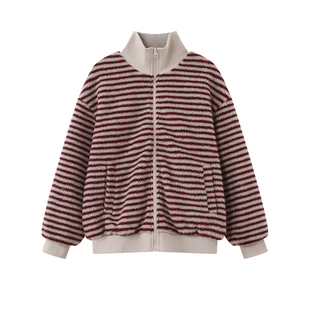 荒荒家 毛绒茸条纹外套2025冬季新款减龄加厚保暖立领毛呢夹克女