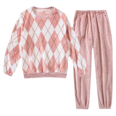 冬季情侣睡衣女加厚简约格子无领